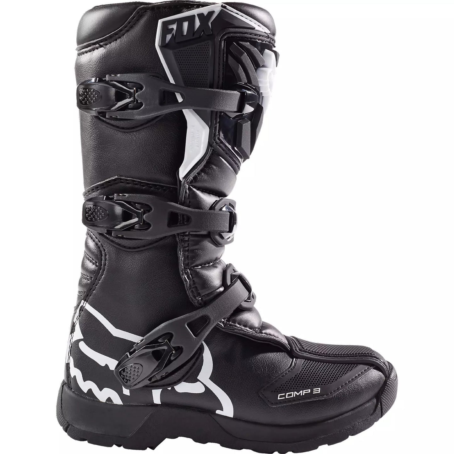 Black motocross boot with white accents on a white background