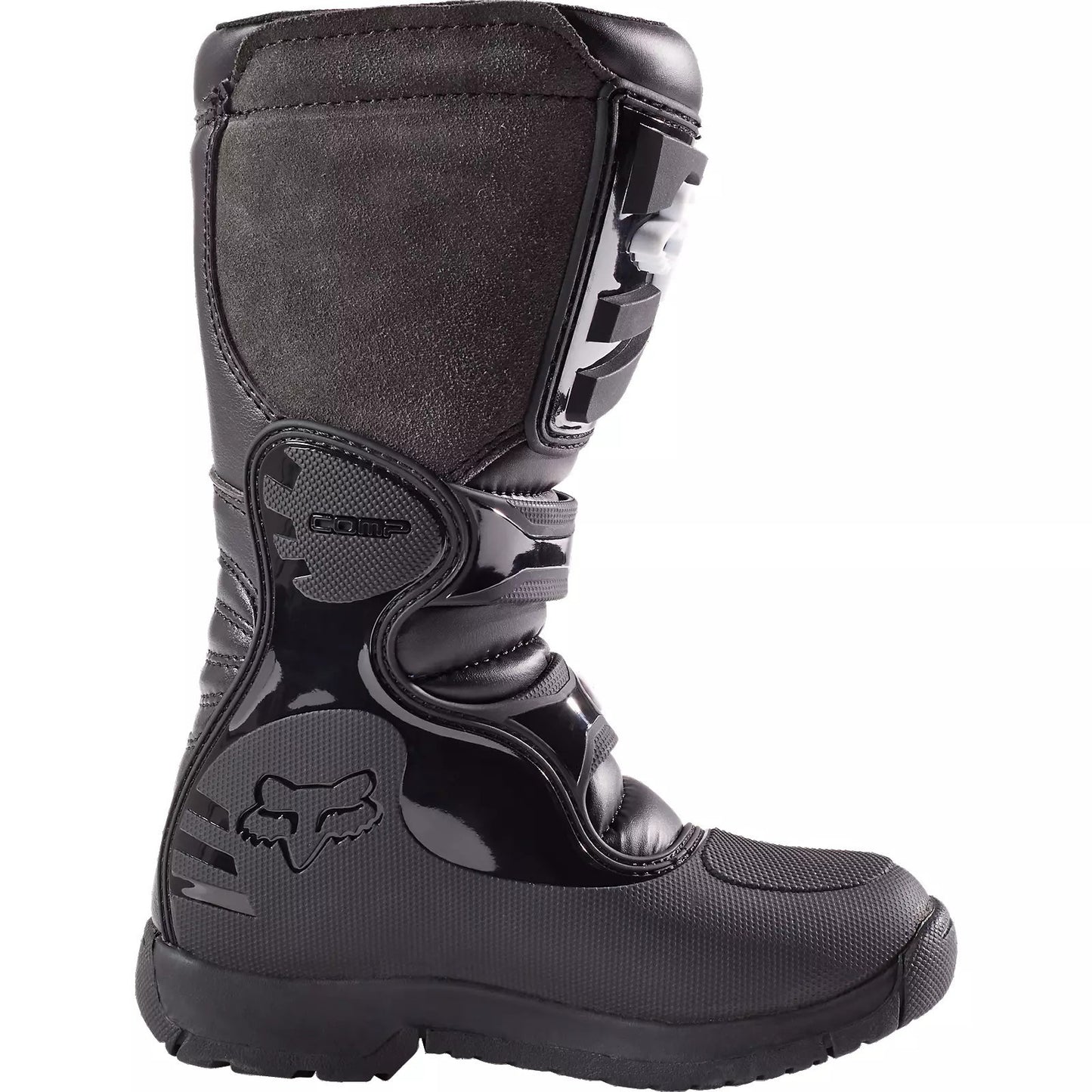 Black motorcycle boot with Fox logo on a white background