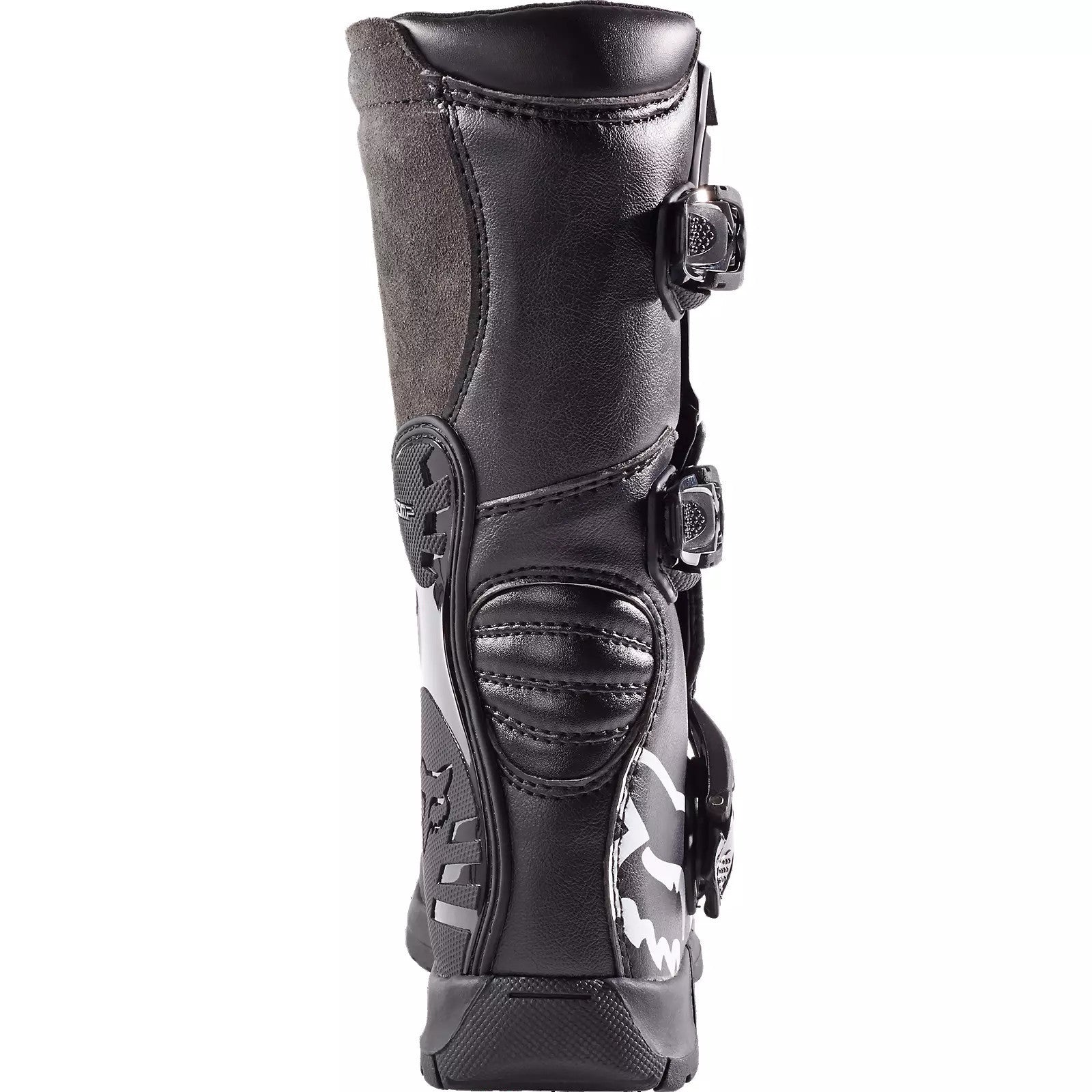 Black motorcycle boot with protective features on a white background